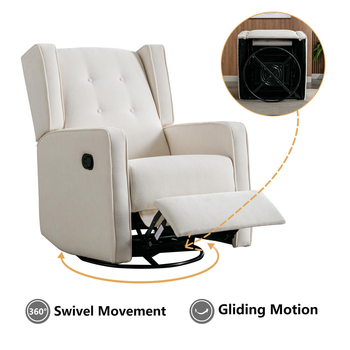 CANMOV Swivel Rocker Recliner Chair, Nursery Glider Chair, Nursery Rocking Chairs, Manual Reclining Chair, White CANMOV