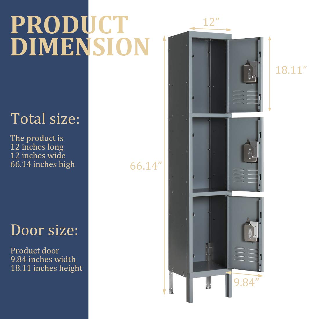 Greenvelly Metal Locker for School Office Gym Metal Storage Locker Cabinet for Employees Students Steel Locker Triple Tier with 3 Door Grey Greenvelly