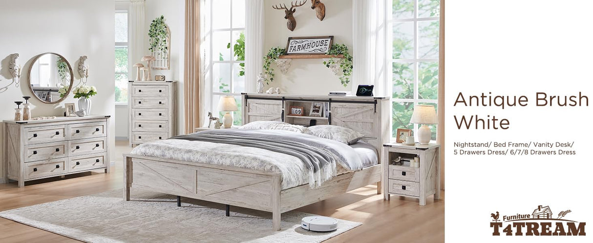 T4TREAM Nightstand wtih Charging Station, End Table, Side Table with 2 Drawers Storage Cabinet for Bedroom, Living Room, Farmhouse Design, Wood Rustic, Antique Brush White T4TREAM