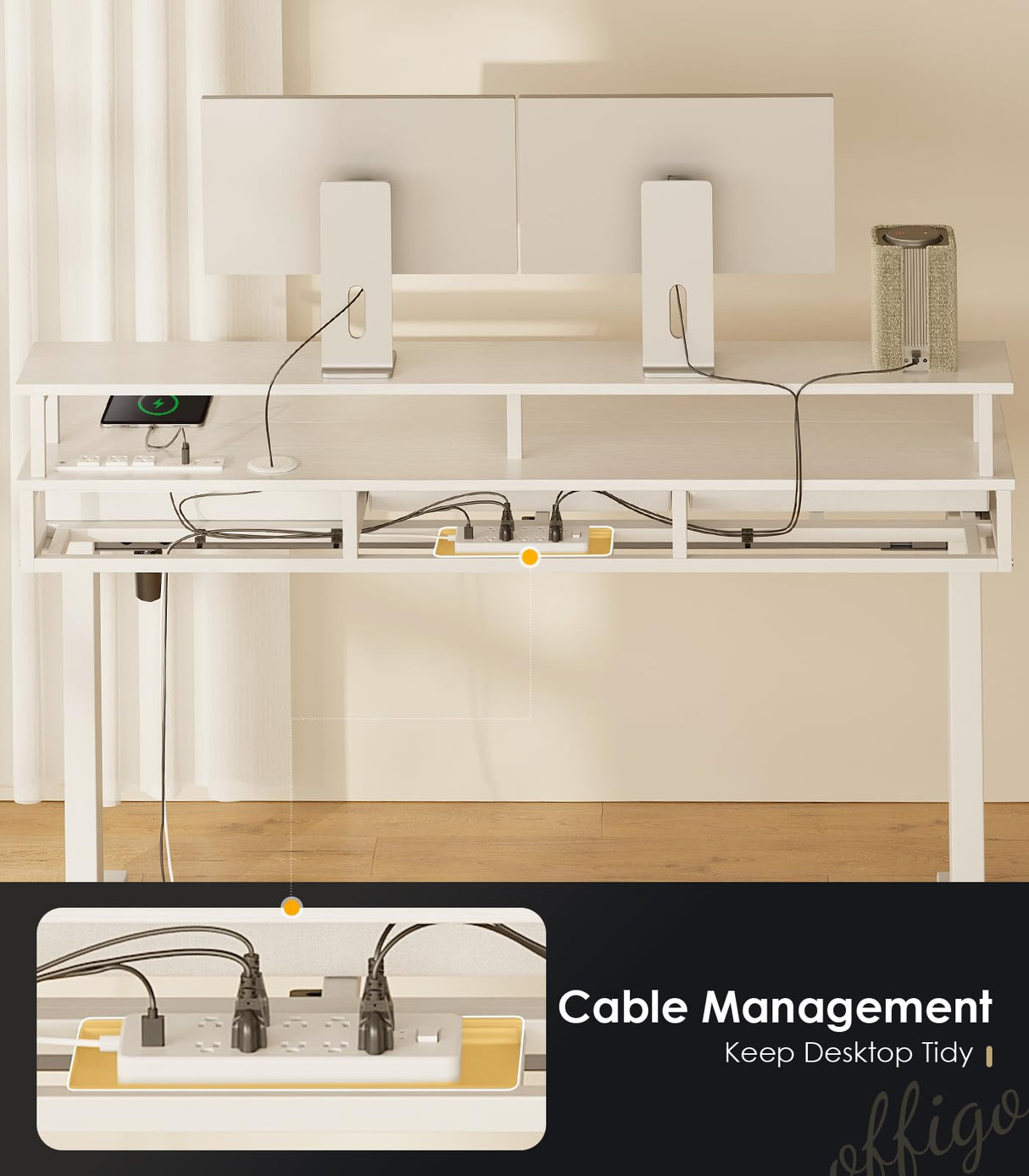 OffiGo Electric Standing Desk with Drawers, 55 Inch Height Adjustable Desk with Power Outlets & LED Lights, Sit Stand Table with Monitor Stand for Home, Office, Workstation, White OffiGo