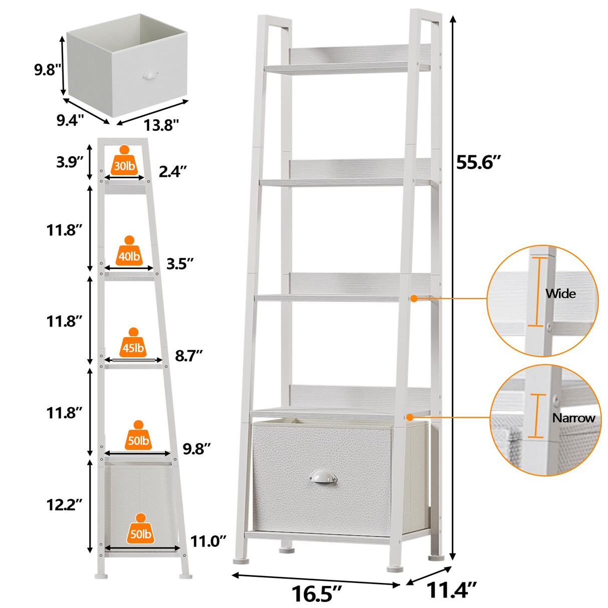 Furologee 5-Tier White Ladder Shelf, Ladder Bookshelf with Removable Drawer, Mordern Bookcase Storage Rack Organizer, Wood Metal Freestanding Storage Shelves for Living Room, Home Office, Bedroom Furologee