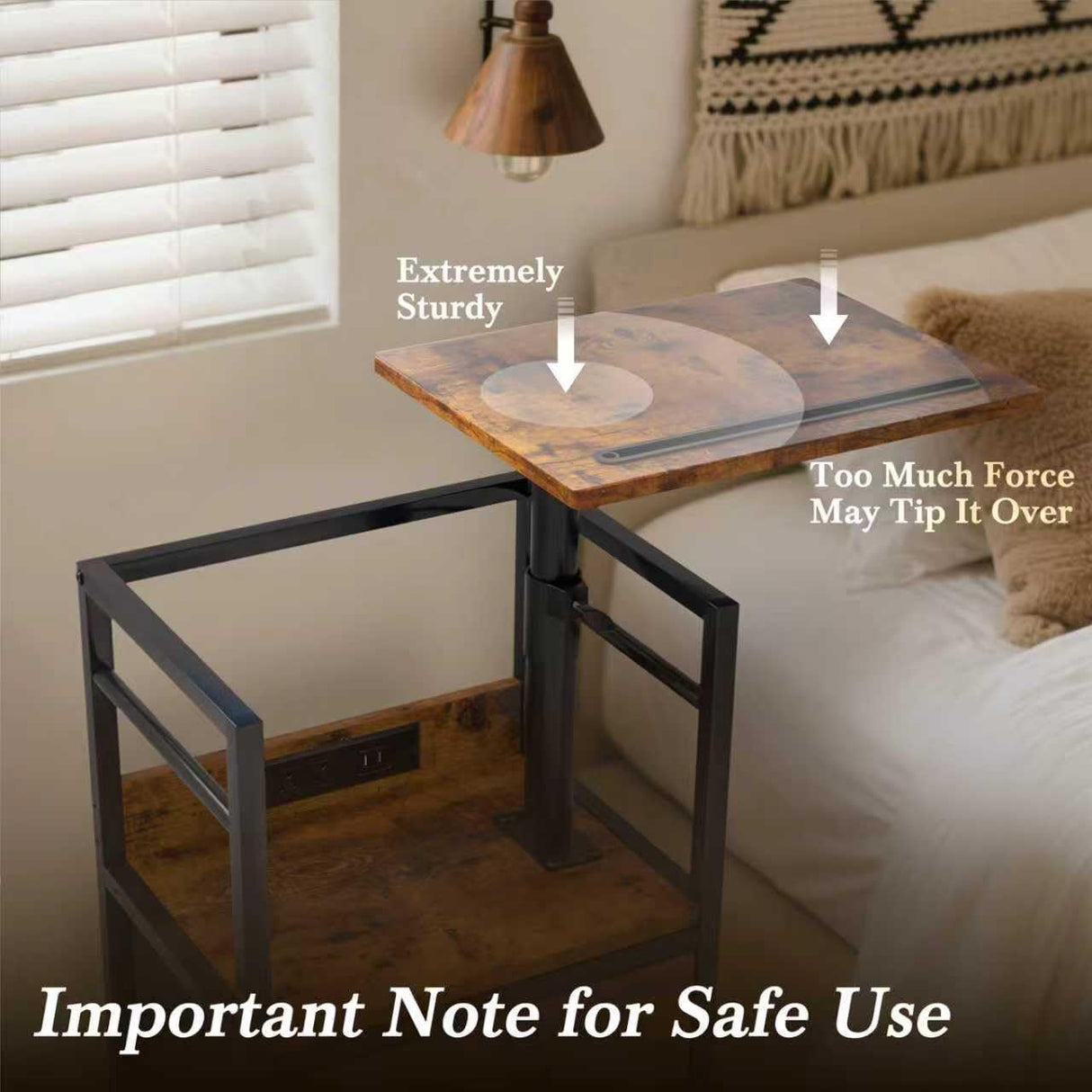 Swivel Lift Top Nightstand with Charging Station, 2-Tier 360° Adjustable Bedside Table, Rolling Night Stand with Wheels, Small End Table with Fabric Drawer, for Bedroom, Living Room, Rustic Brown Faesun