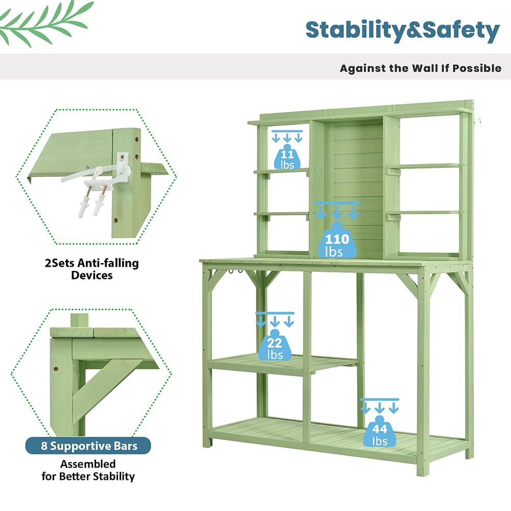 PZFYYRFP 64.6"" Large Outdoor Potting Bench Table, Wooden Garden Workstation with 6-Tier Storage Shelves, Large Metal Tabletop, and Side Hook for Mudroom, Backyard, Patio, Green (Green), White