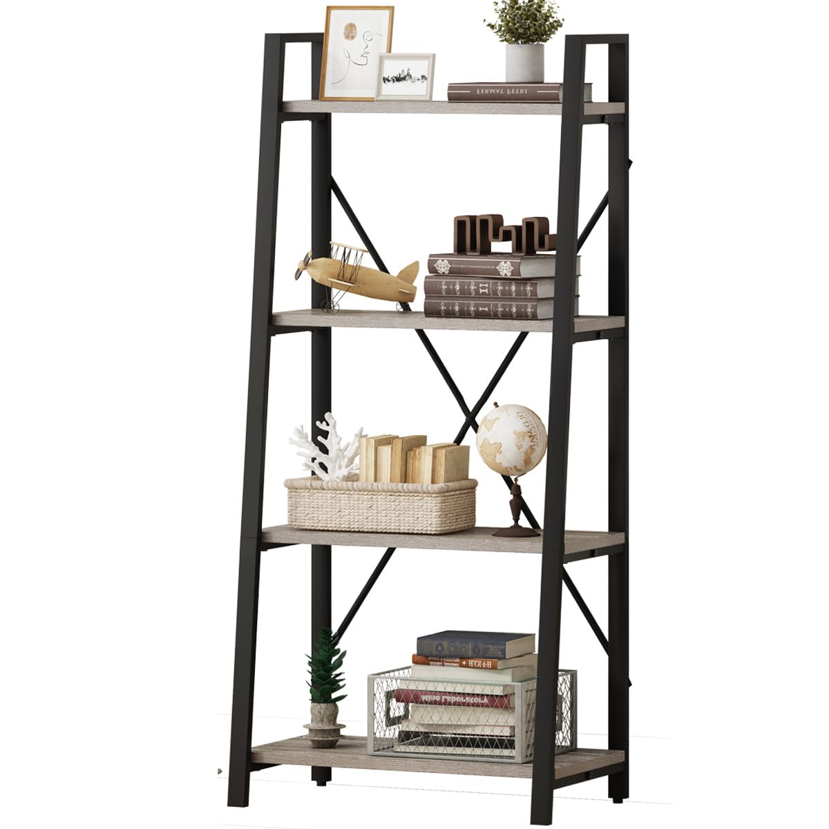 BON AUGURE Industrial 4-Tier Ladder Bookshelf in Dark Gray Oak - WoodArtSupply