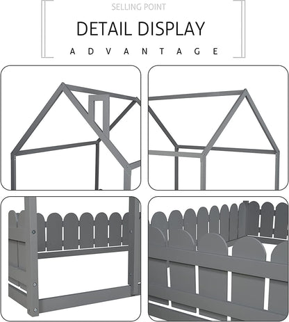 Harper & Bright Designs Grey Twin House Bed Frame with Fence Rails for Kids - WoodArtSupply