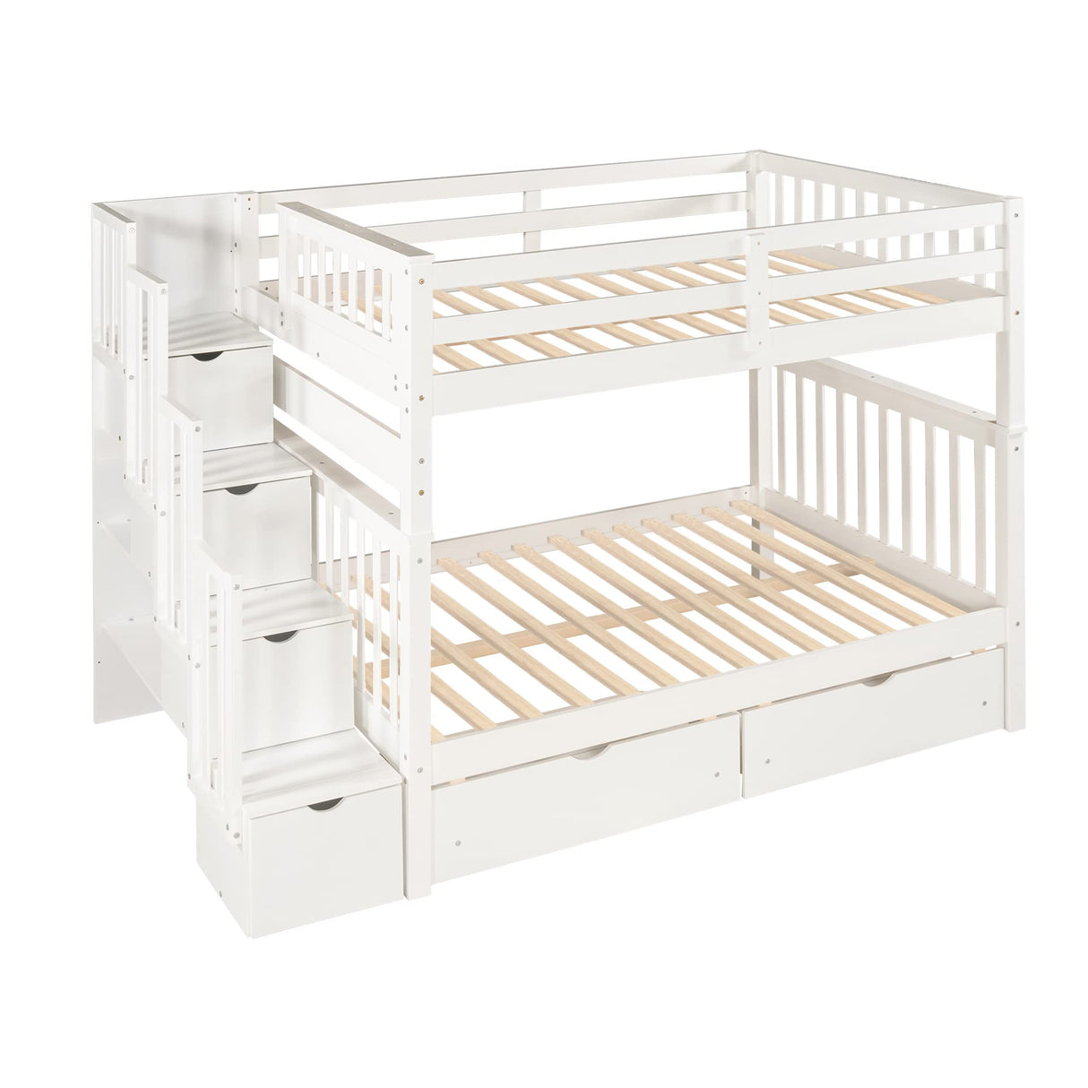 MERITLINE Full Over Full Bunk Bed with Stairs and 6 Storage Drawers, Solid Wood Bunk Bed with Storage Drawers, for Kids Teens Adults (White) MERITLINE