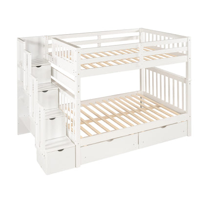 MERITLINE Full Over Full Bunk Bed with Stairs and 6 Storage Drawers, Solid Wood Bunk Bed with Storage Drawers, for Kids Teens Adults (White)