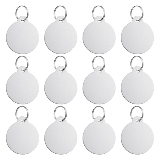 PATIKIL Aluminum Stamping Blanks 1.4 x 1.3 Inch, 12Pcs Round Metal Engraving Blank Discs Sublimation ID Name Tags Dog Tag with Key Rings for DIY Craft Engraving, Silver Tone