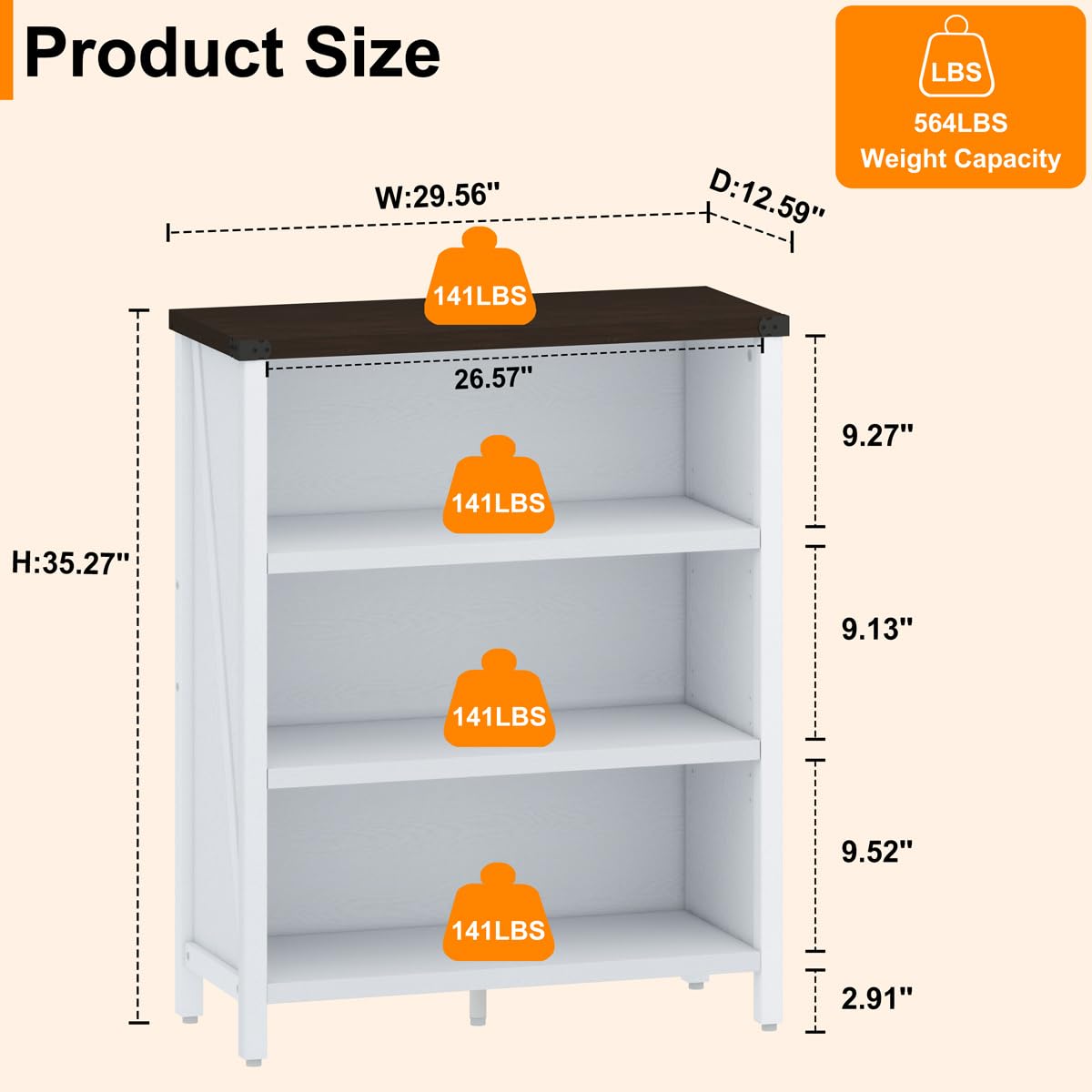 BON AUGURE Bookshelf, 3 Shelf Bookcase, Farmhouse Wooden Book Cases/Shelves, Floor Small Storage Book Shelves for Home Office, Living Room, Bedroom (White Oak and Walnut Brown) BON AUGURE