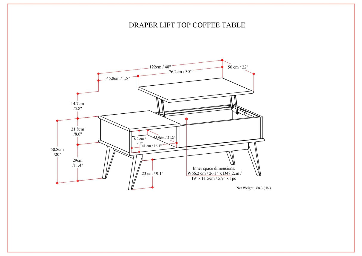 SIMPLIHOME Draper Solid Hardwood 48 inch Wide Rectangle Mid Century Modern Lift Top Coffee Table in Teak Brown for The Living Room and Family Room SIMPLIHOME