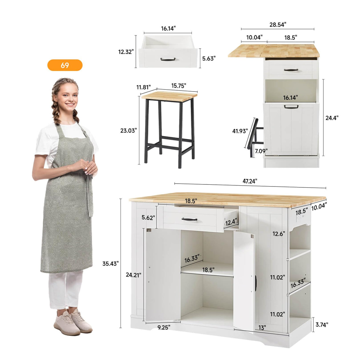 ONBRILL Stationary Kitchen Islands Include 2 Chairs, 47" Kitchen Island with Drop Leaf, Home Bar Table with Spice Rack & with Trash Cabinet, Island Table for Dining Room with Power Outlet, White ONBRILL
