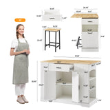 ONBRILL Stationary Kitchen Islands Include 2 Chairs, 47" Kitchen Island with Drop Leaf, Home Bar Table with Spice Rack & with Trash Cabinet, Island Table for Dining Room with Power Outlet, White ONBRILL