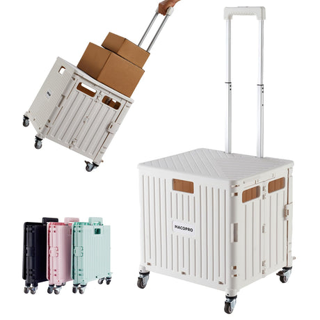 Foldable Utility Cart Folding Portable Rolling Crate Handcart with Durable Heavy Duty Plastic Telescoping Handle Collapsible 4 Rotate Wheels for Travel,Shopping, Luggage, Office, Teacher(White) MACOPRO