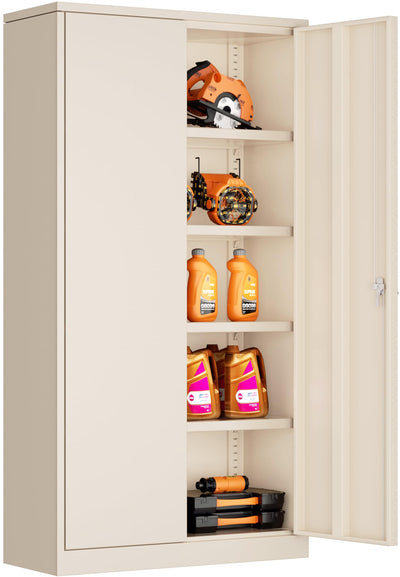 Bonusall Tall Metal Storage Lockers,71 inch Locking Steel Cabinet with Lock,Lockable Storage cabinets with 2 Doors and 4 Shelves,Utility Cabinet for Office,Garage,Warehome,Basement(Beige)