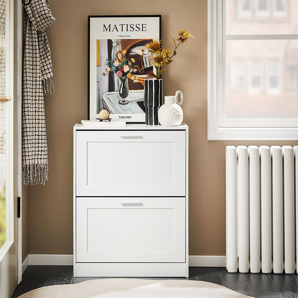 Haotian Shoe Storage Cabinet Entryway, Slim Shoe Rack Freestanding, Narrow Shoe Organizer 2 Flip-Drawers for Front Door Entrance Hallway, White, FSR137-W Haotian