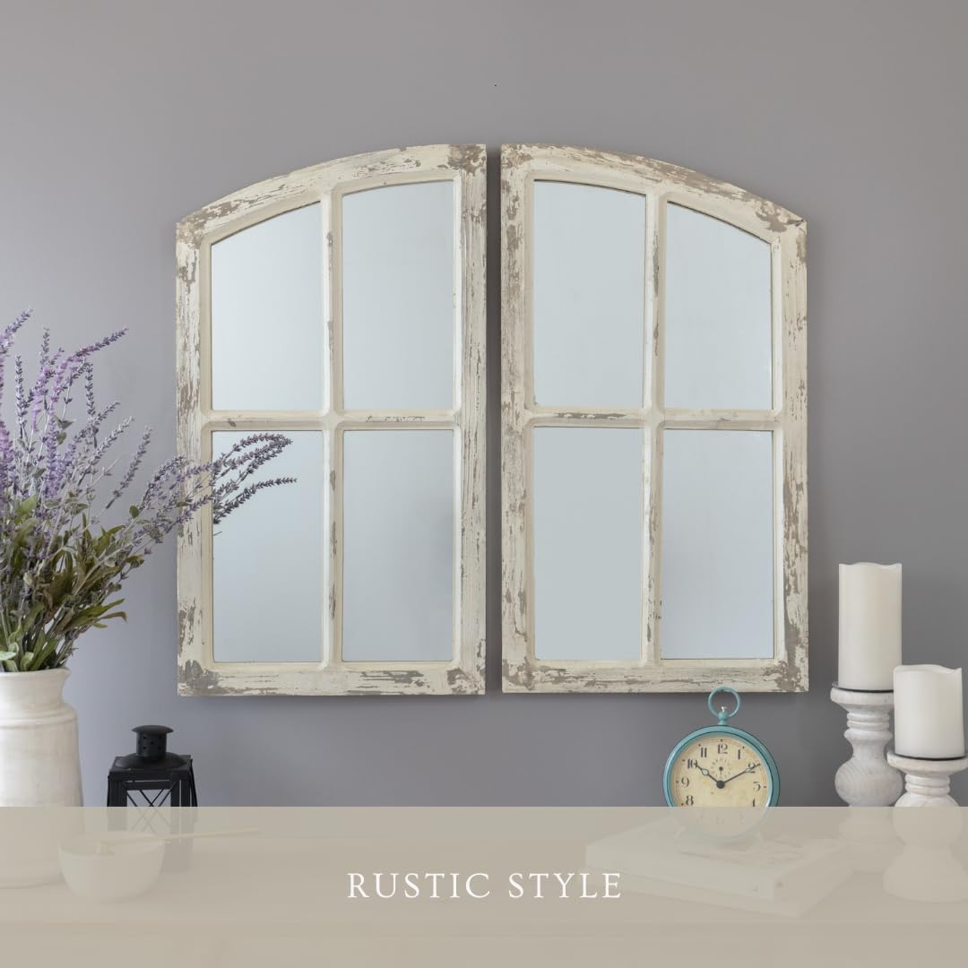 Jolene Arch Window Pane Mirror, Rustic Style Distressed Wood, Decorative Wall-Hanging Mirror, Easy Mount, Wall Mount Mirrors for Bedroom, Bathroom, Living Room (Set of 2) Aspire