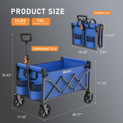 Hikzest Collapsible Wagon Cart Foldable, Portable Heavy Duty Folding Garden Wagons with Wheels, Utility Grocery Shopping Cart for Outdoor, Sport, Camping, Blue