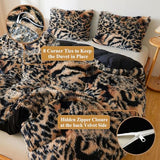 XeGe Fluffy Faux Fur Tiger-leopard Patchwork Print Duvet Cover Set, 1 Plush Fuzzy Decorative Comforter Cover and 2 Furry Pillowcases, Western Wild Shaggy Bedding Set with Zipper, Brown and Black, King XeGe