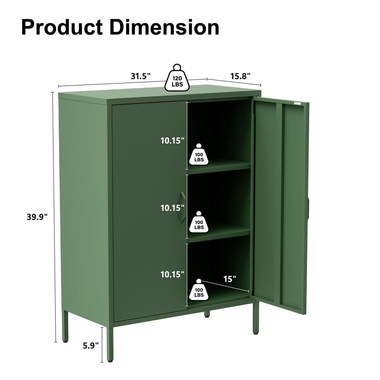 Washsemba Metal Storage Cabinet with Doors and Shelves,Multipurpose Storage Rack, 3-Tier Shelf,Metal Locker Style Accent Cabinet for Home Office,Living Room,Kitchen (Forest Green, 40''H) Washsemba