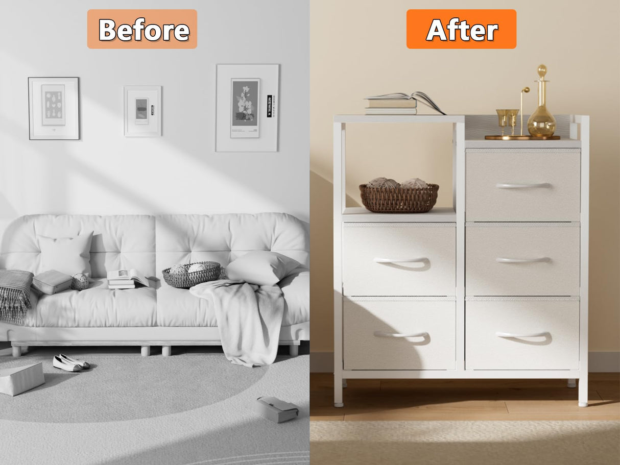 Furnulem 5 Drawer White Dressers for Bedroom Tall 2 Tier Shelf Storage Small Fabric Dresser for Closet Sturdy Metal Frame Modern Dresser Bedroom Dresser with Drawers for Hallway Rooms Furnulem