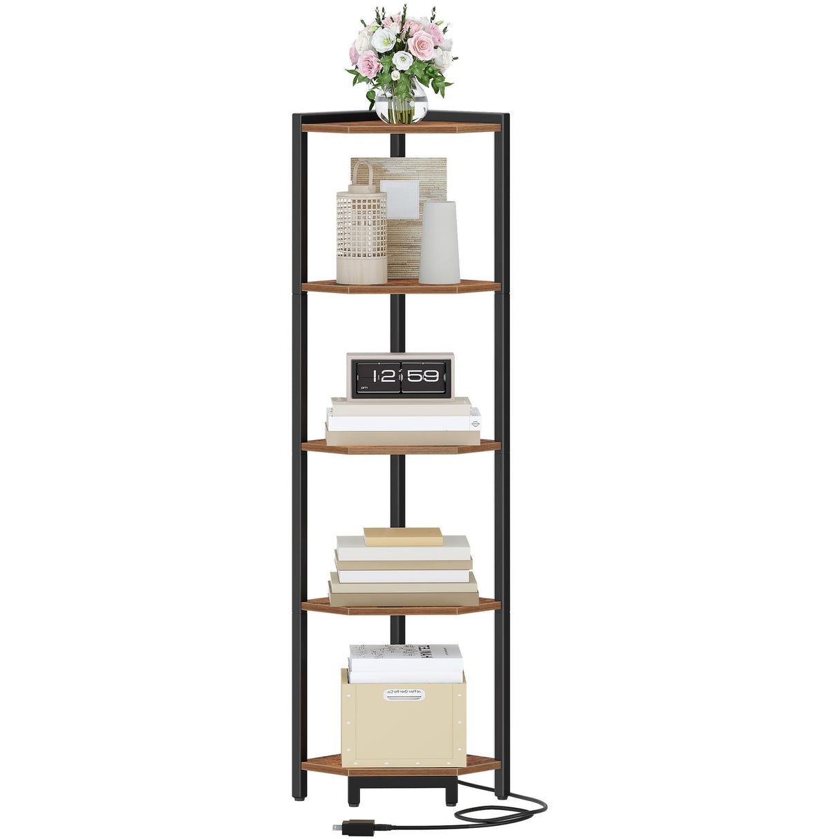 Hzuaneri Corner Shelf with LED Light, 5-Tier Corner Bookshelf, Tall Narrow Display Bookcase with Metal Frame, Standing Shelf for Small Space, Living Room, Home Office, Bedroom, Rustic Brown CS66501B Hzuaneri