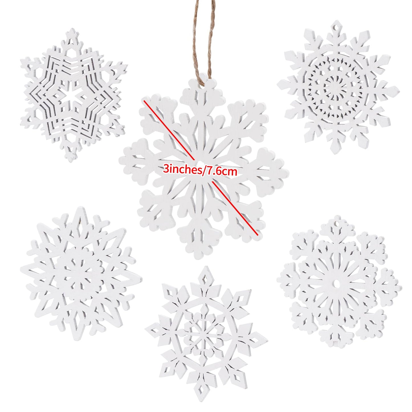 Bazayona 30pcs Wooden Snowflakes Ornaments Rustic Hanging Wood Christmas Tree Snowflake Ornaments Crafts Hollowed Embellishments for Christmas Holiday Decor, 3inch, White