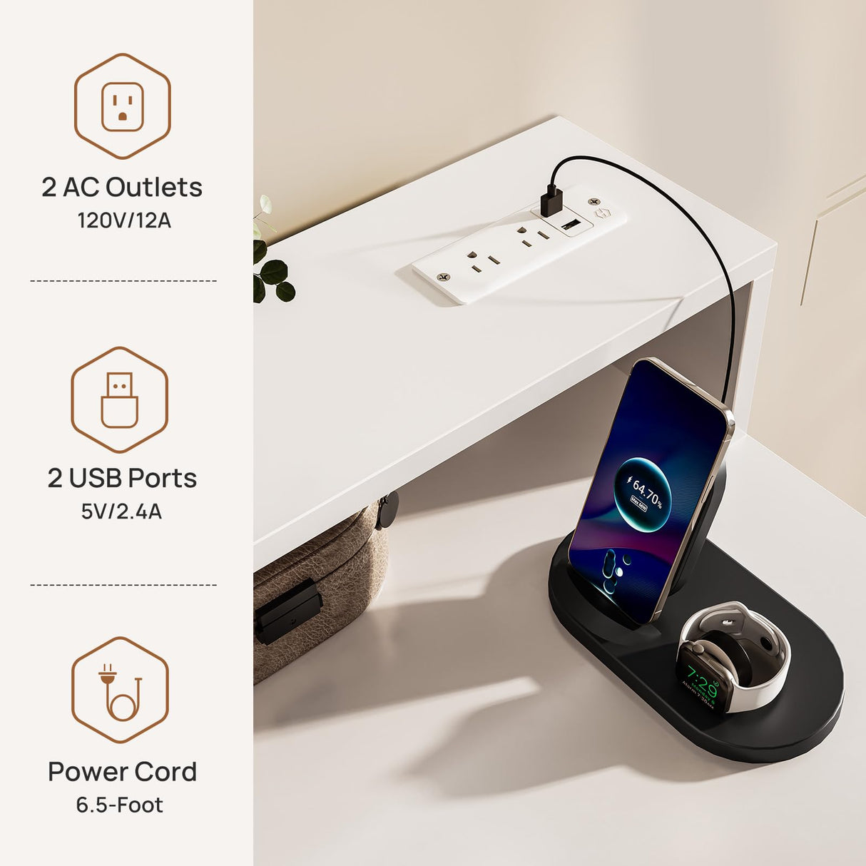 Seventable Vanity Desk with 4 Fabric Drawers, Vanity Table and Chair Set with Power Outlet & LED Strip, Makeup Table with 3 Adjustable Lighting Modes, White Gold Seventable