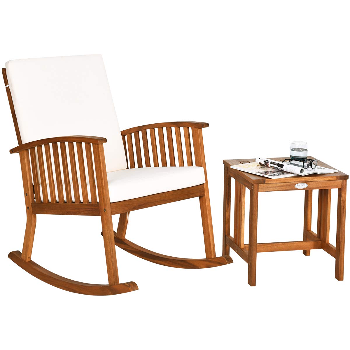 Tangkula Acacia Wood Patio Bistro Set, Outdoor Rocking Chair with Table, Porch Rocker with Thick Cushion of Detachable Cover, Porch Rocking Chair Table Set for Outdoor Indoor Patio Backyard,  - WoodArtSupply