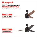 Honeywell Ceiling Fans Eamon Modern 52 Inch Ceiling Fan with Light, Remote Control Fan, LED Indoor Fan with 3 Blades, Brown Maple and Black Blade Finish Options, Bronze (50603-01) Honeywell