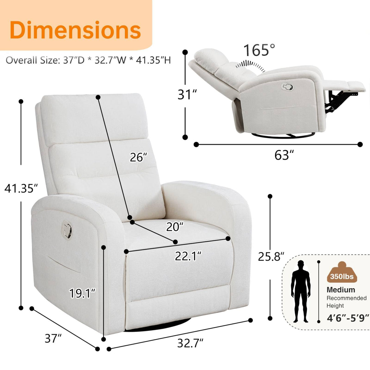 Swivel Rocker Recliner for Adult, Upholstered Recliner Glider Nursery Chair, Manual Fabric Rocking Recliners for Living Room, Bedroom, Chenille White BaseBeauty