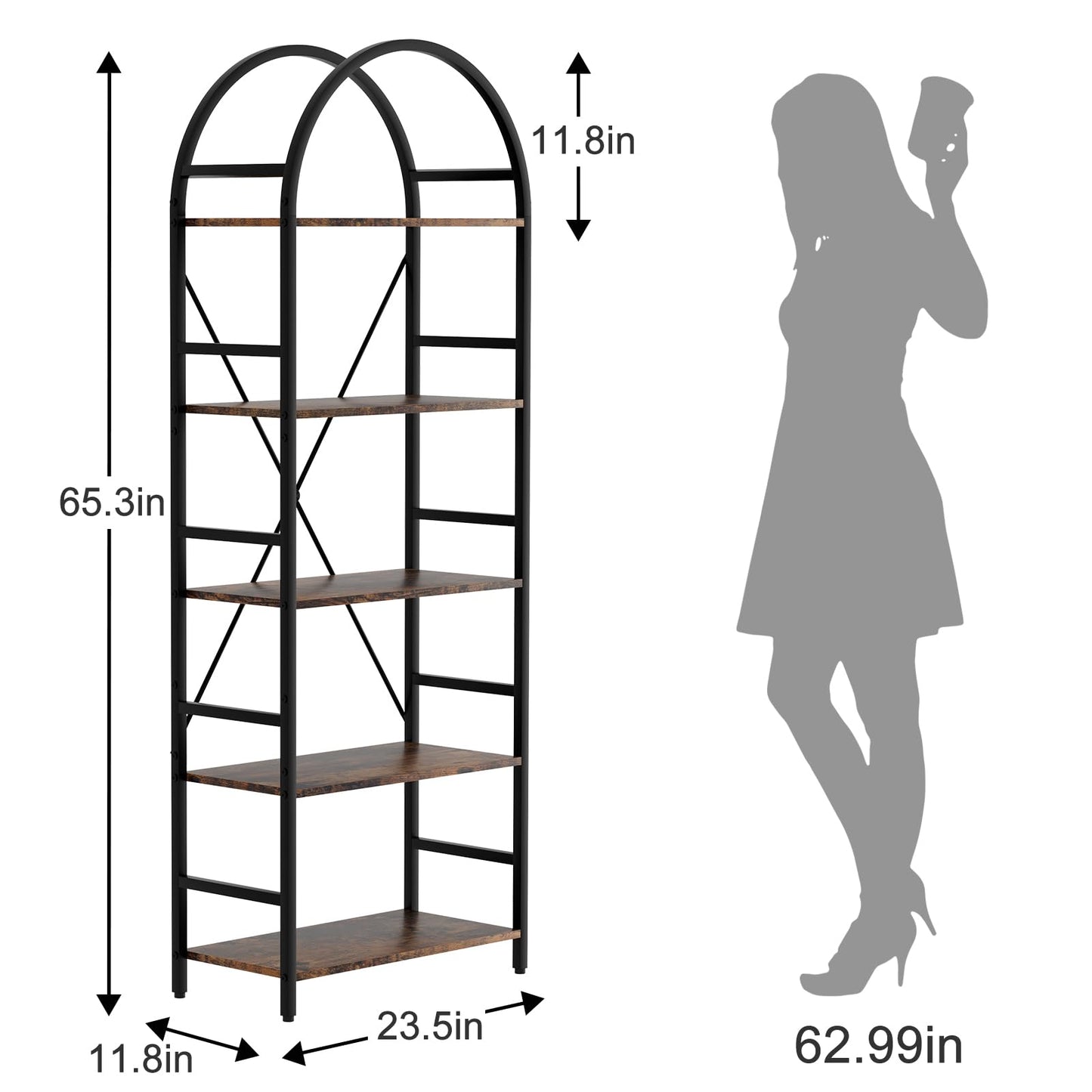 Arbuxzuy 5-Tier Industrial Arched Bookshelf - Vintage Open Storage Rack for Home Office - WoodArtSupply