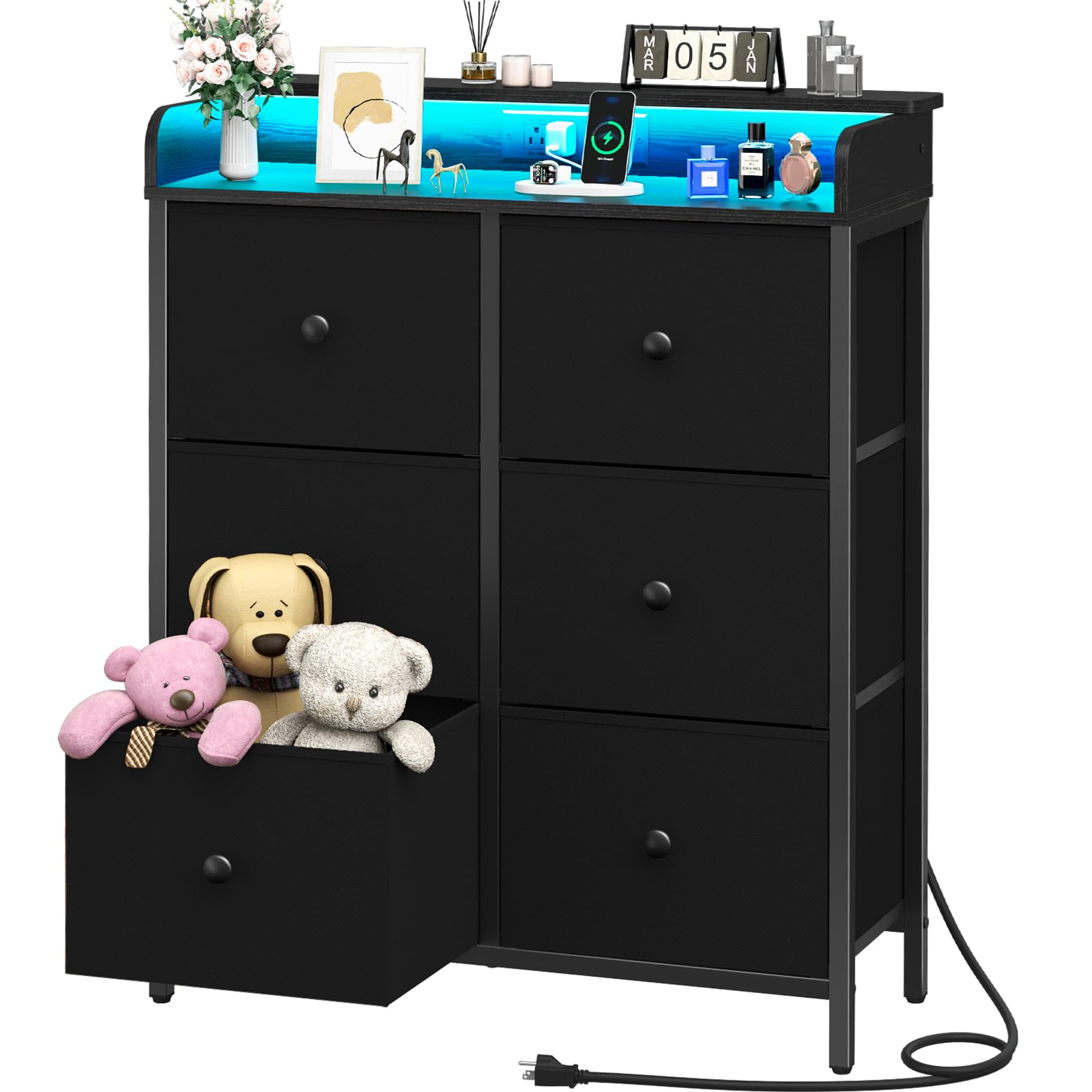 Yoobure Dresser for Bedroom with Charging Station, 6-Drawer Chest Furniture with LED Lights, Fabric Dressers & Chests of Drawers, Storage Tower Organizer Unit for Kids Room Closet Living Room - WoodArtSupply