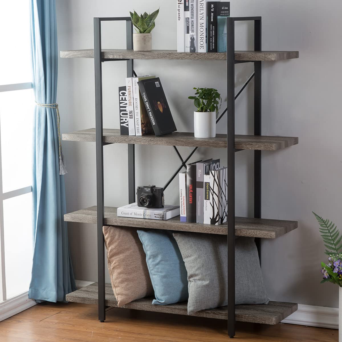 HSH 4-Shelf Vintage Industrial Bookshelf, Rustic Gray Wood and Metal 4 Tier Bookcase, Open Wide Etagere Book Shelf for Home Office Livingroom Bedroom Dispaly, Light Grey Oak HSH