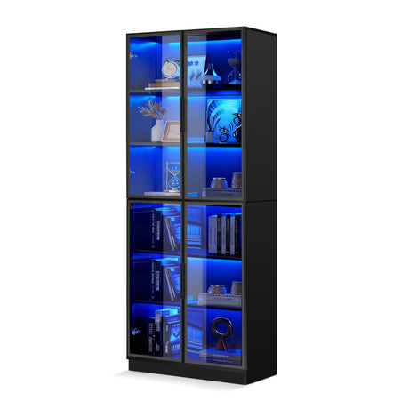 JOYUSAEN Black Display Cabinet,78 Inch High Bookshelf, Multi-Color LED Ambient Lighting, 6-Story Large Storage Space, Transparent Tempered Glass Door, Suitable for Bedrooms, Living Rooms, Offices JOYUSAEN