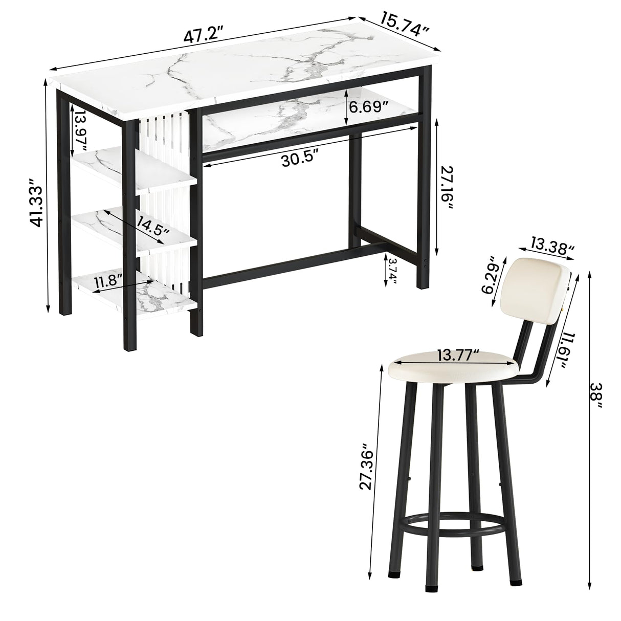 AWQM 3-Piece Bar Table and Chairs Set, Modern White Faux Marble Table with 2 PU Cushion Bar Stools, Kitchen Counter with 3 Tier Storage Shelves, Space Saving Table for Home & Kitchen, Black Frame AWQM