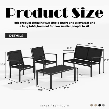 Greesum 4 Pieces Patio Furniture Set, Outdoor Conversation Sets for Patio, Lawn, Garden, Poolside with A Glass Coffee Table, Black Greesum