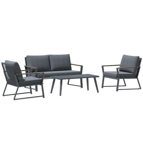 Outsunny 4 Piece Patio Furniture Set, Aluminum Conversation Set, Outdoor Garden Sofa Set with Armchairs, Loveseat, Center Coffee Table and Cushions, Dark Grey Outsunny