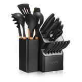 syvio Knife Set, 21pcs Utility Knife Sets for Kitchen with Block and Sharpener, Razor-Sharp, Effortless Sharpening, Premium Kitchen Knives with 6 pcs Kitchen Utensils Set and Utensil Holder, Black syvio