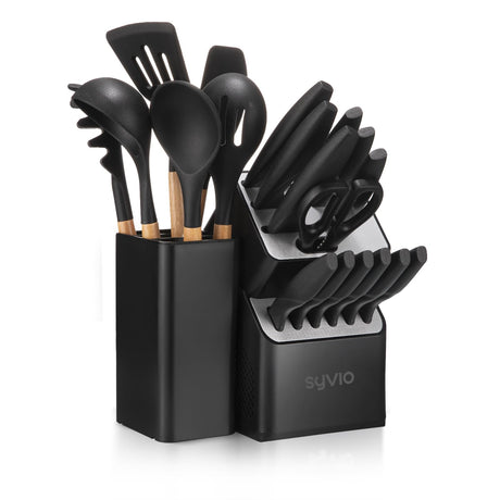 syvio Knife Set, 21pcs Utility Knife Sets for Kitchen with Block and Sharpener, Razor-Sharp, Effortless Sharpening, Premium Kitchen Knives with 6 pcs Kitchen Utensils Set and Utensil Holder, Black syvio