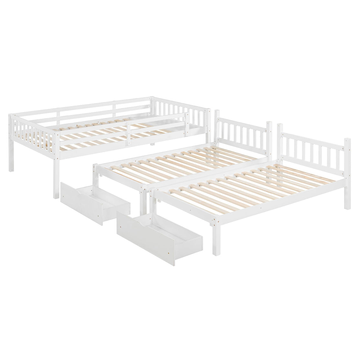 Merax Full Over Twin & Twin Bunk Bed for 3, Wooden Triple Bunk Bed with 2 Storage Drawers, Ladder and Guardrails, No Box Spring Needed, White Merax