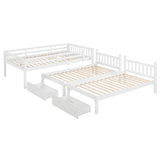 Merax Full Over Twin & Twin Bunk Bed for 3, Wooden Triple Bunk Bed with 2 Storage Drawers, Ladder and Guardrails, No Box Spring Needed, White Merax