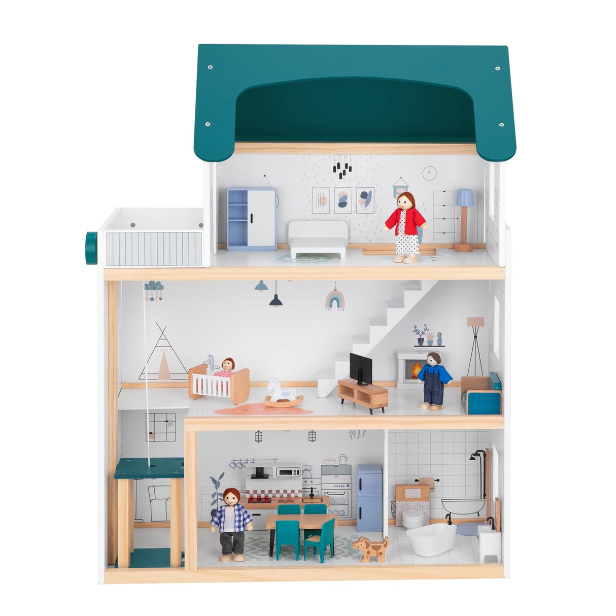 OOOK Wooden Dollhouse with Liftable Elevator - 2.6 Feet High Modern Doll House for Kids Toddlers - Including 21 Furniture Pieces, 4 Family Dolls, and OOOK