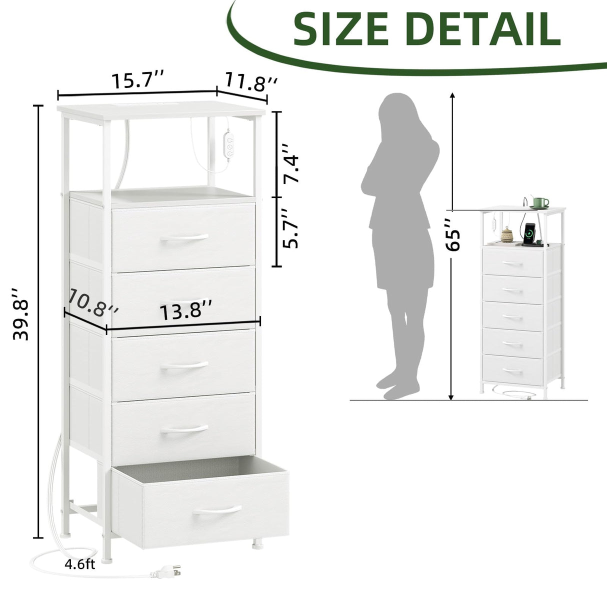 Somdot White Nightstand with Charging Station and LED Light for Bedroom, Tall 5 Drawers Dresser with Fabric Bins for Bedside Kids Dorm Room Closet Laundry Entryway, White Leather Somdot