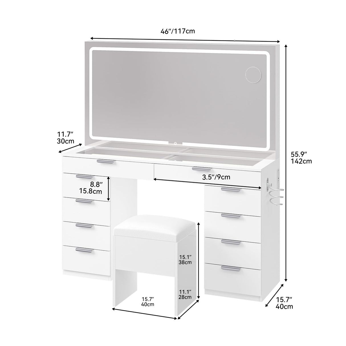 YITAHOME Vanity Set, Makeup Vanity Desk with Adjustable LED Mirror, Power Outlets, 10 Drawers, Magnifying Glass, Tempered Glass Top, Hairdryer Holder, Stool for Bathroom, Makeup Room YITAHOME