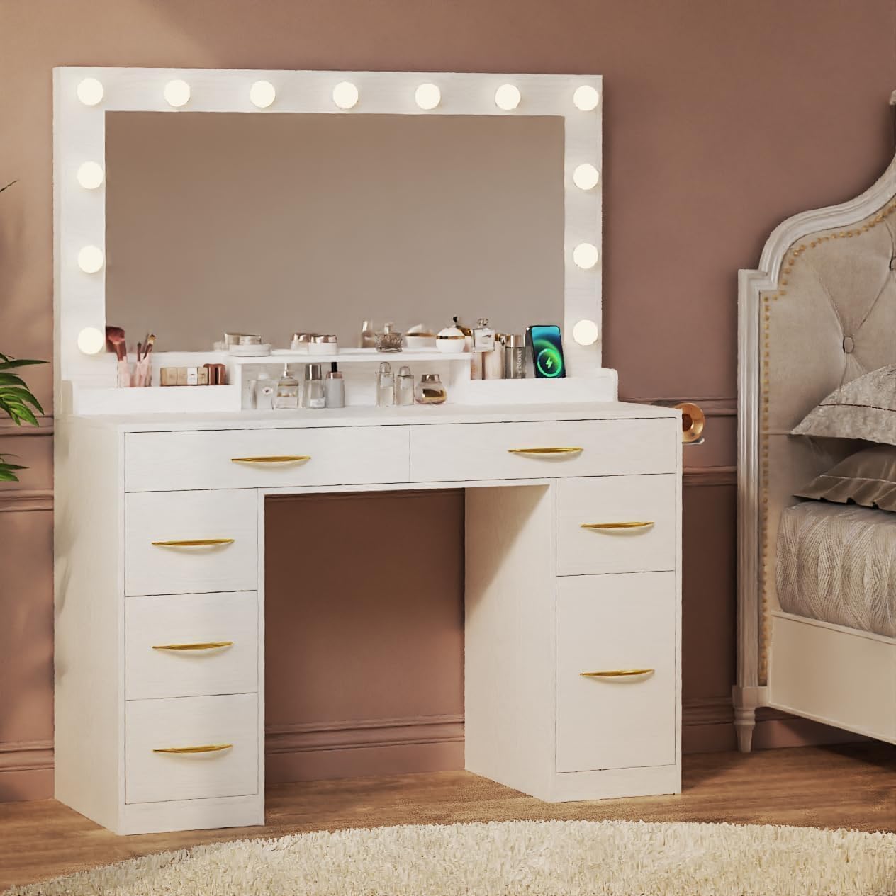 HUAHUU Makeup Vanity Desk with Lights, Vanity Desk with Large Mirror, White Vanity with Outlets Large Drawers & Storage, 3 Lighting Color Adjustable, Bedroom Dressing Table - WoodArtSupply