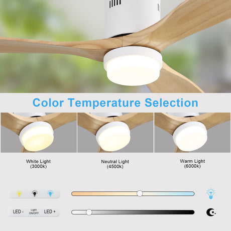 Sofucor 52 Inch Low Profile Ceiling Fan With Light 3 Carved Wood Fan Blade Modern Flush Mount Ceiling Fan Noiseless Reversible DC Motor Remote Control for Indoor/Outdoor Use (Natural Wood Color) Sofucor