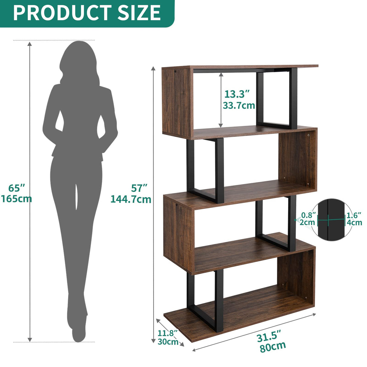 YITAHOME 5-Tier Bookshelf, S-Shaped Z-Shelf Bookshelves and Bookcase, Industrial Freestanding Multifunctional Decorative Storage Shelving for Living Room Home Office, Retro Brown YITAHOME