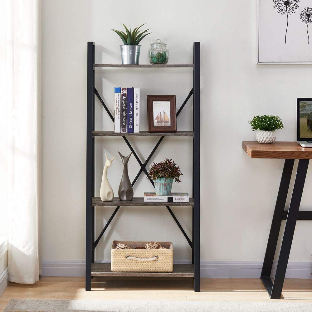 BON AUGURE Industrial 4-Tier Ladder Bookshelf in Dark Gray Oak - WoodArtSupply