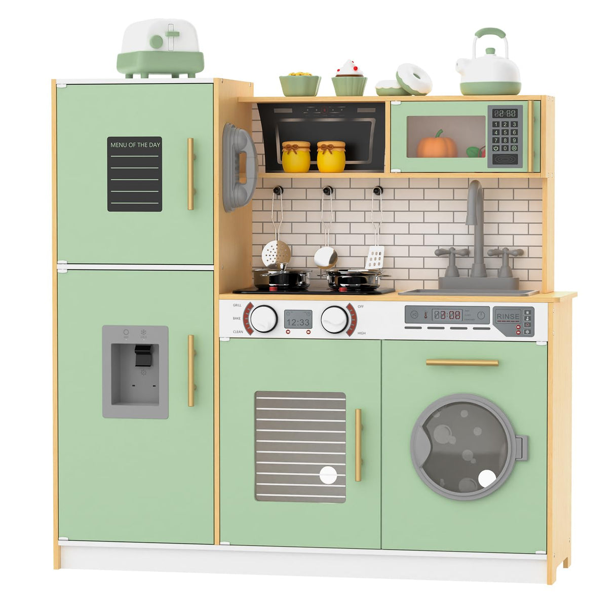 Babytronic Wooden Kitchen Playset for Kids, Interactive Play Kitchen with Lights & Sounds, Children Pretend Toy Kitchen Set with Faucet, Oven, Microwave, Kitchenware for Toddlers Ages 3+ (Green&Wood) Babytronic