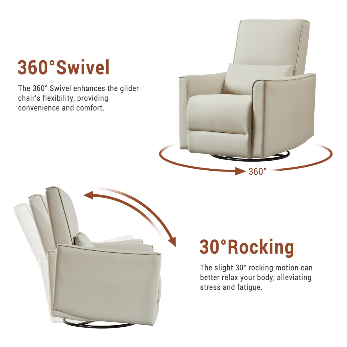 GAOMON Swivel Rocking Recliner Chair, Manual Leather Recliner Glider with Lumbar Support & Padded Armrest, Comfortable Rocker Nursery Single Sofa for Living Room and Bedroom (White) GAOMON